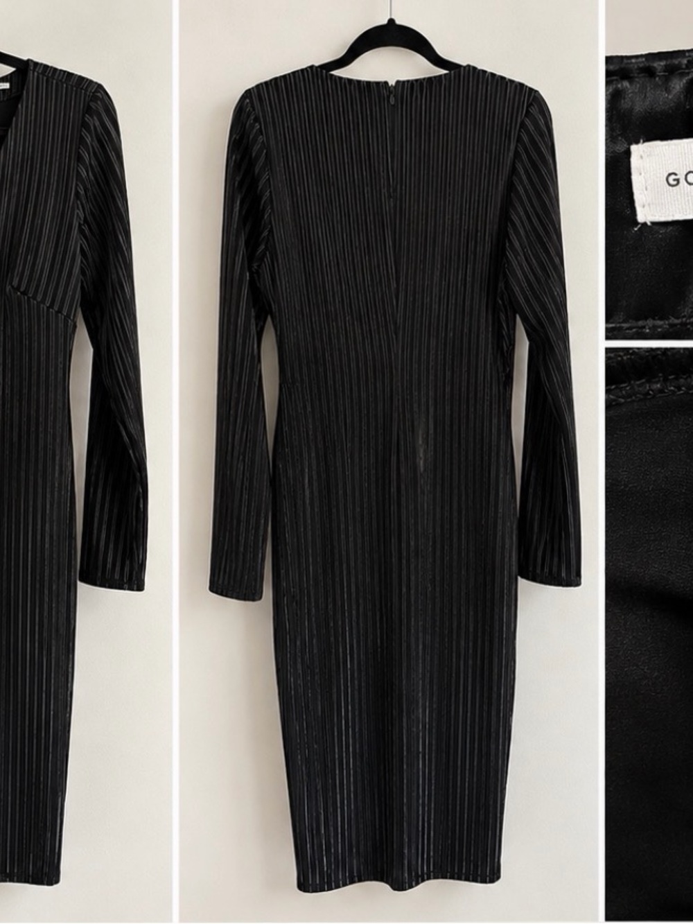 Good American Black Pleated Pinstripe Midi Dress GWD0131 size 10/12